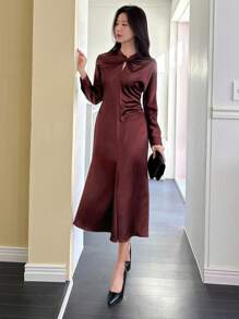 DAZY Elegant Round Neck Ruched Waist Fishtail Dress For Women, Fall Dress Long Sleeve Dress Red Women Dress - Burgundy - View 4