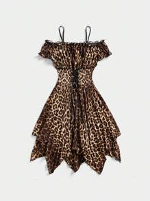 ROMWE Vestido de mujer con estampado de leopardo, hombros descubiertos y bajo asimétrico, estilo bohemio, para primavera y verano, Gyaru, atuendo de concentración, atuendo de festival/rave, atuendo de vacaciones de primavera, vestido de verano