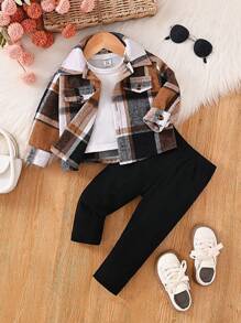 Baby Front Button Long Sleeve Pocket Plaid Minimalist Top And Matching Set - Coffee Brown - View 1