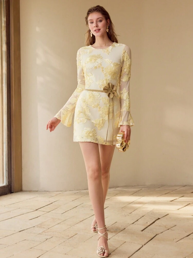 FLORAL PATCHED FLARE SLEEVE DRESS,SPRING/SUMMER