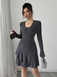 SHEIN Unity High Elastic Soft Fitted Sexy Mini Dress With V-Neck, Ruffle Trim Asymmetric Hem, And Bell Sleeves Fall Cloth For Women - Grey - View 3