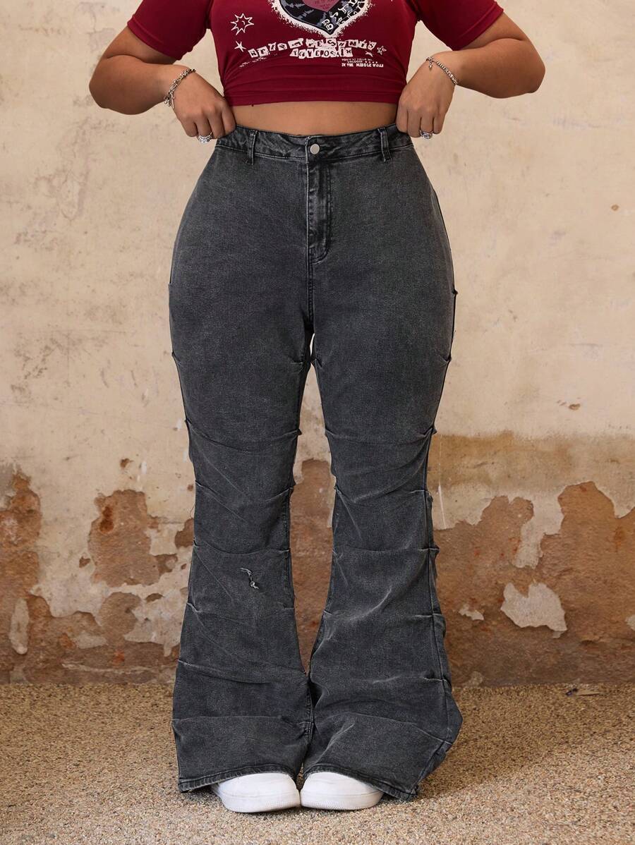 SHEIN ICON Plus Size Casual Washed Slim Flared Jeans - Grey - View 1