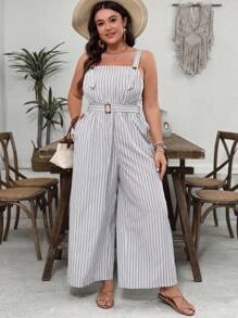 SHEIN VCAY 大码海岛度假条纹口袋阔腿连体裤，休闲宽松腰带连体衣