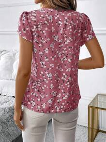 SHEIN Clasi 休闲通勤小碎花花瓣袖褶皱衬衫 - 粉色 - 查看 2