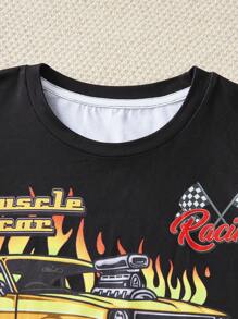 Tween Boy 汽车图案字母印花圆领短袖休闲 T 恤 - 黑色 - 查看 3