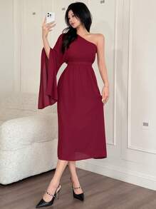 DAZY Robe mi-longue asymétrique à épaule dénudée de couleur unie pour femmes, robe de soirée élégante et formelle, robe longue à manches longues pour l'automne, robe femme rouge - Rouge foncé - Voir 1