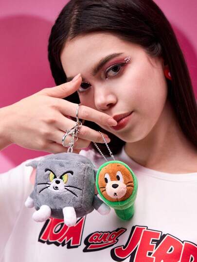 TOM & JERRY X SHEIN 1 件刺绣卡通弹力超柔软毛绒钥匙扣包包吊坠