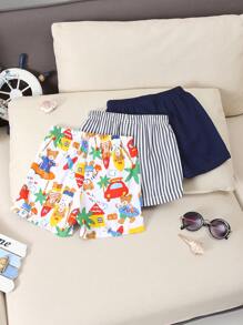 SHEIN Playful Pals 3pcs/Set Toddler Infant Baby Boys Summer Casual Striped, Solid, Cartoon Animal Print Elastic Waist Shorts, Suitable For Home, Outdoor, Beach, Vacation - Multicolor - View 2
