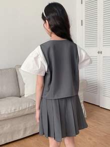 Bộ đồ 2 món giản dị cài nút phía trước dành cho bé gái tuổi teen và chân váy mini, trang phục mùa hè cho bé gái, quần áo trở lại trường - Xám - Xem 6