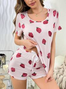 Strawberry Printed Sweet Women Pajama Set - Pink - View 3
