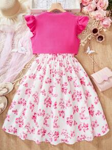 Set de 2 piezas: Vestido floral con decoración de lazo y blusa de manga corta para niñas preadolescentes, estilo campestre, conjunto para primavera/verano y vacaciones