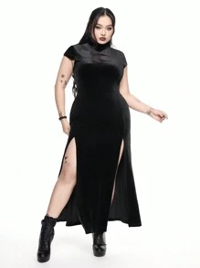 ROMWE Goth Plus Size Moon Hollow Embroidery Velvet High Slit Dress - Black - View 6