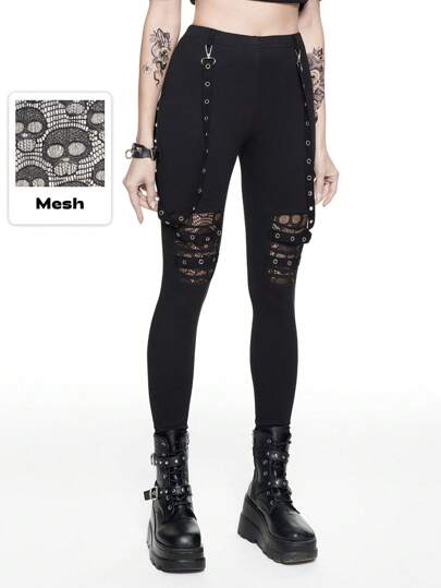 Grunge Punk Skinny Leggings im Dark Punk Stil mit Cut Out ausgearbeitetem Metall-Gürtelschnalle und abnehmbarem Taillenband für Damen