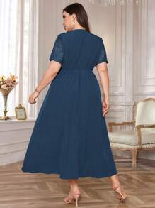 Mulvari 大码女式优雅撞色蕾丝短袖长裙，夏季超长女装