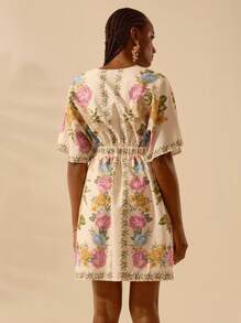 CAJUNI Women's Boho Floral Print V-Neck Loose Beach Mini Dress, Casual For Summer Vacation - Multicolor - View 2