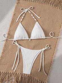 SHEIN Swim 2pcs Knit Pearl Shell Chain Link Casual Swimwear Set, Women Summer Vacation - White - View 5