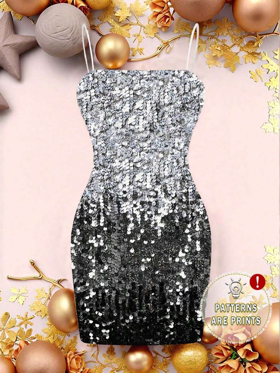 SHEIN EZwear 休闲简约银色亮片装饰图案女式撞色亮片连衣裙，夏季 - 彩色 - 查看 1