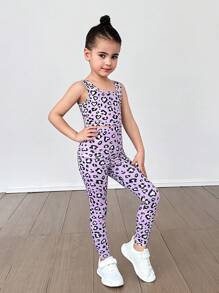 SHEIN Conjunto deportivo de top sin mangas y leggings de punto con estampado de leopardo para niñas jóvenes, de unicolor de punto, ropa de práctica elástica para niños.