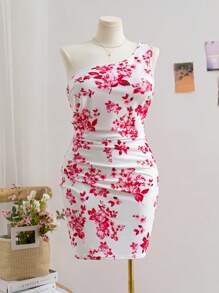 Soleia Plus Size Women Boho Floral Print Slash Neck Fitted Dress, Suitable For Vacation, Graduation Season, Back To School, Casual Wear In Autumn, For Summer