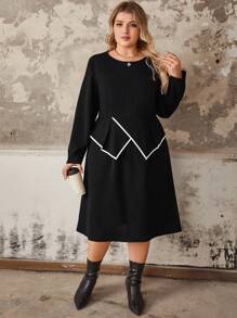Women's Casual Elegant Knitted Solid Color Round Neck Ruffle Hem Contrast Trim Elastic Waist Plus Size Spring Fitted Knee-Length Dress - Black - View 4