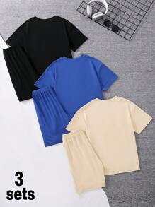 6pcs/Set Tween Boys Casual American Style Letter Embossed Multi-Color Multi-Piece Short Sleeve T-Shirt & Shorts 2 Pieces Set - Multicolor - View 2