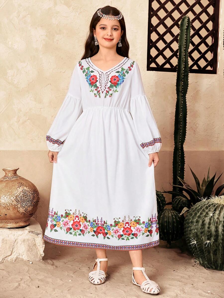 SHEIN Tween-Mädchen Lässig Blume Muster V-Ausschnitt Puff Langarm Smock Taille Schwung Gewebe Kleid für Urlaub - Weiss - Übersicht 1