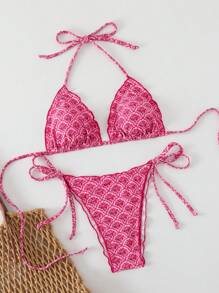 Swim Mod 女士夏季随机花卉印花细肩带荷叶边上衣和系带侧边沙滩短裤 2 件比基尼套装 - 粉色 - 查看 1