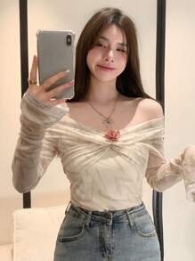 DAZY Bluse mit Blume Muster, Spitze, Carmen-Ausschnitt und Rüschenärmeln, Langarm Damen Top, Herbstmode für Frauen - Weiss - Übersicht 6