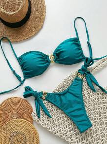 Glamine Springbreak Women Solid Color Strapless Metal Decor Spaghetti Strap And Side Tie Sexy 2 Pieces Bikini Swimwear, Boho Festival