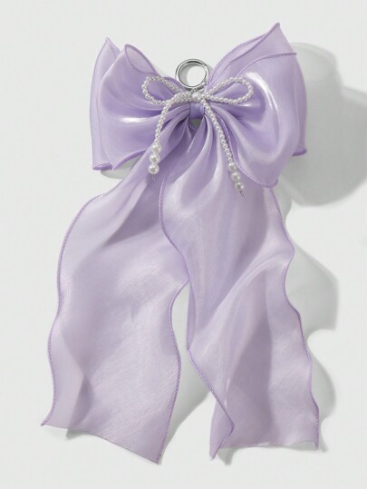 Kawaii 1 pieza Accesorio Colgante de Llave o Bolso Estilo Coreano Minimalista, Elegante y Lujoso, Fabricado a Mano con Perlas Falsas Blancas y Malla Morada con Lazo Doble, Adecuado para Mujer, Uso Diario y Regalo