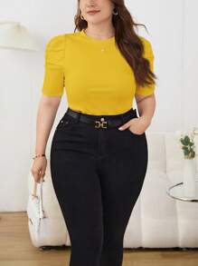 SHEIN Privé 大码女式纯色圆领休闲短款泡泡袖 T 恤 - 黃色 - 查看 4