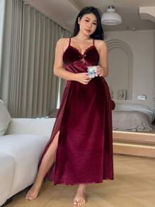 Dazy Petite Plus Bata de seda de terciopelo con abertura lateral de encaje, color rojo vino, atuendo de Año Nuevo chino, primavera/verano