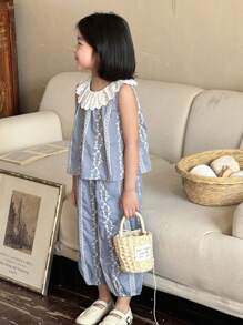 DAZY 2pcs Young Girl Solid Color Patchwork Round Neck Sleeveless Top And Long Pants Set,Girls Summer Outfits