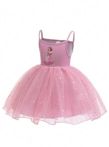 Baby Girl Sleeveless Princess Tulle Dress, Star & Cake Design, Birthday Party Outfit - Coffee Brown - View 3
