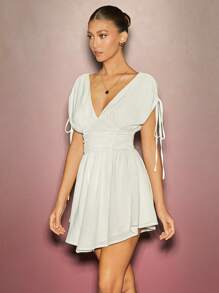 L'Amorae Plunge Neck Elegant Ruched Mini Dress - White - View 4