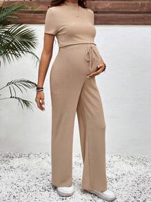 SHEIN 2 件套孕妇纯色立领短袖上衣和长裤套装 - 卡其色 - 查看 5