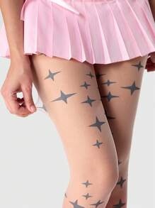 ROMWE Fairycore 1 Pair Women Ombre Pink Gradient Glitter Star Stockings, Sweet And Stylish, All Season