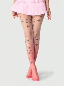 ROMWE Fairycore 1 Pair Women Ombre Pink Gradient Glitter Star Stockings, Sweet And Stylish, All Season