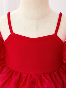 SHEIN Fern Glow  Babygirl Lovely Summer Red Knitted Patchwork Organza Ruffle Trim Spaghetti Strap Party Dress