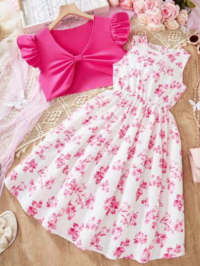 2 件套女童碎花连衣裙，配蝴蝶结装饰盖袖衬衫，乡村风格，春夏季度假装