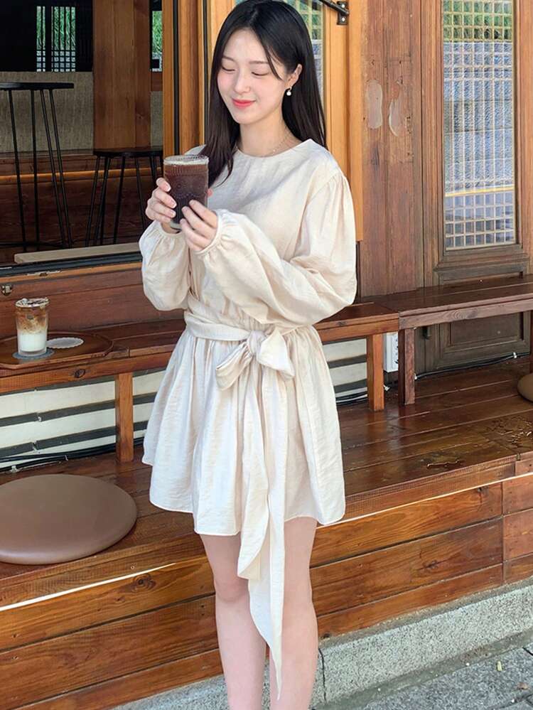 Women's Solid Color Loose Fit Long Sleeve Drawstring Waist Short Dress, Apricot Color, Spring/Autumn,Mini Dress