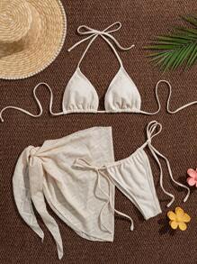 SHEIN Swim Summer Women's Casual Beach Halter Tie Bikini Set - Apricot - View 1