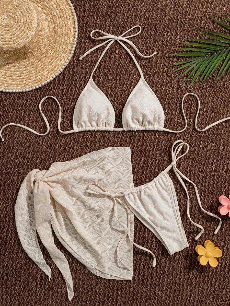 SHEIN Swim Summer Women's Casual Beach Halter Tie Bikini Set - Apricot - View 1