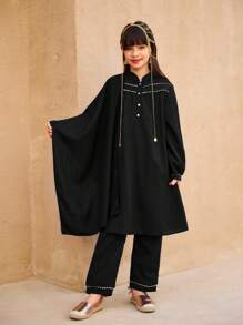 SHEIN 2 件套 Tween Girl 黑色长袖上衣和黑色裤子，配金色纽扣金色饰带细节，适合日常穿着、春秋季、斋月 - 黑色 - 查看 7