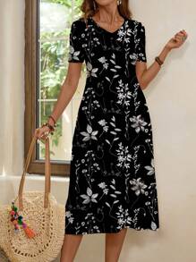 EMERY ROSE Vintage Floral Print V-Neck Short Sleeve Midi Dress, Summer - Multicolor - View 4