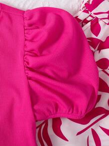 SHEIN 少女纯色圆领短上衣和印花编织长裤 2 件套