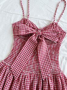 Soleia 女士节日红白格子褶皱镂空低腰露背蝴蝶结双层荷叶边下摆迷你连衣裙，适合圣诞节、派对、约会、情人节、下午茶