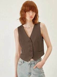 BizChic Women's V-Neck Button Front Sleeveless Vest Basic Top, Urban Commute Minimalist Fashion Basic Business Casual Outerwear Top, Office Wear In Fall/Winter - Brown - View 8