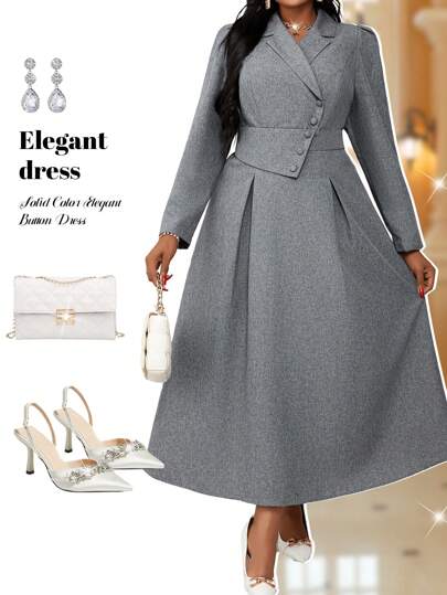 Fleurora Vestidos de talla grande de manga larga con solapa tejida gris, abotonadura y vuelo para otoño e invierno, elegantes para el trabajo y la oficina