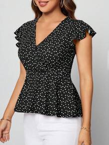 SHEIN Clasi 女士心形与波尔卡圆点印花 V 领盖袖 T 恤